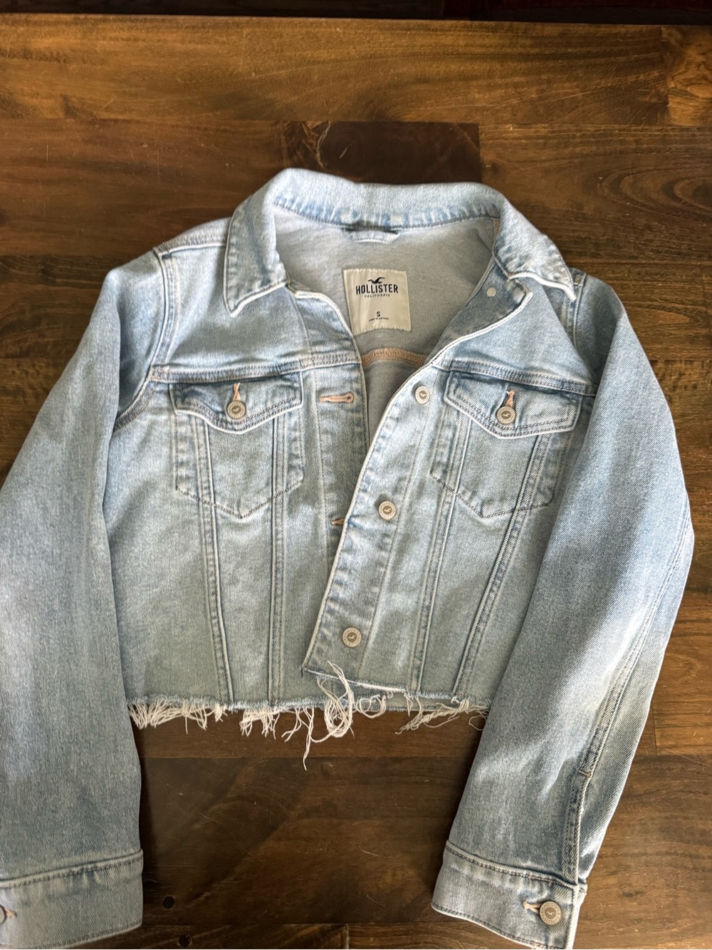 Hollister Light Blue Cropped Denim Jacket with Frayed Hem
